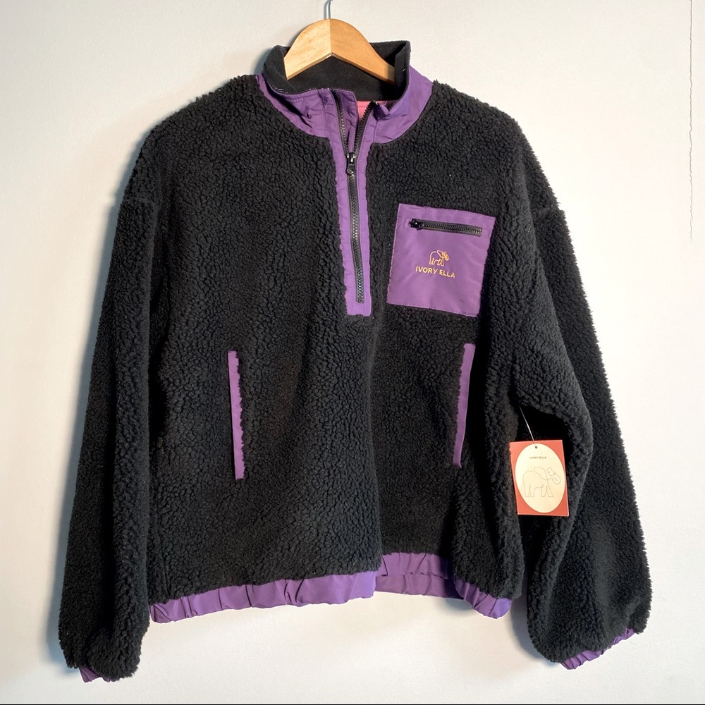Ivory Ella Black Quarter Zip Relaxed Sherpa Jacket, Size L  new with tag